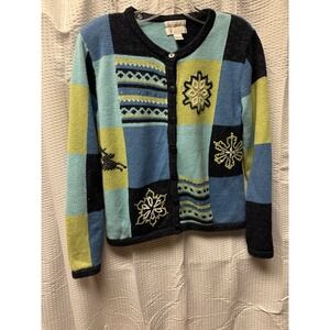 Vintage Christopher & Banks Hand Embroidered Knit Cardigan Women's S Blues Snow